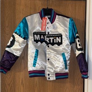Headgear Classics Mens Martin Lawrence 8 Ball White Teal Satin Jacket Small NWT
